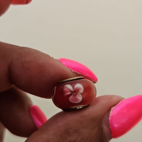 Murano Glass Bead Flower Charm Stamped 925 Burgandy/ White - Picture 12 of 16